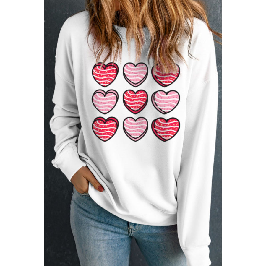 Valentine’s Day Heart Round Neck Long Sleeve Sweatshirt White / S Apparel and Accessories