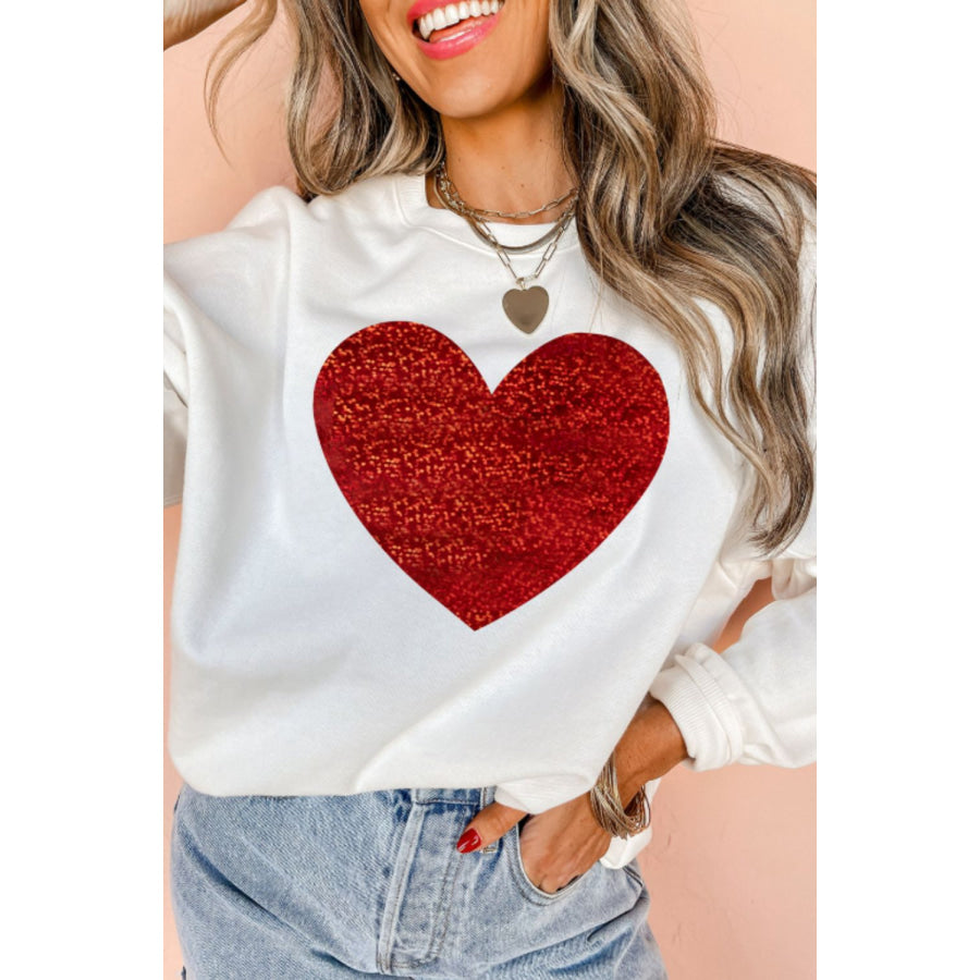 Valentine’s Day Heart Round Neck Long Sleeve Sweatshirt White / S Apparel and Accessories