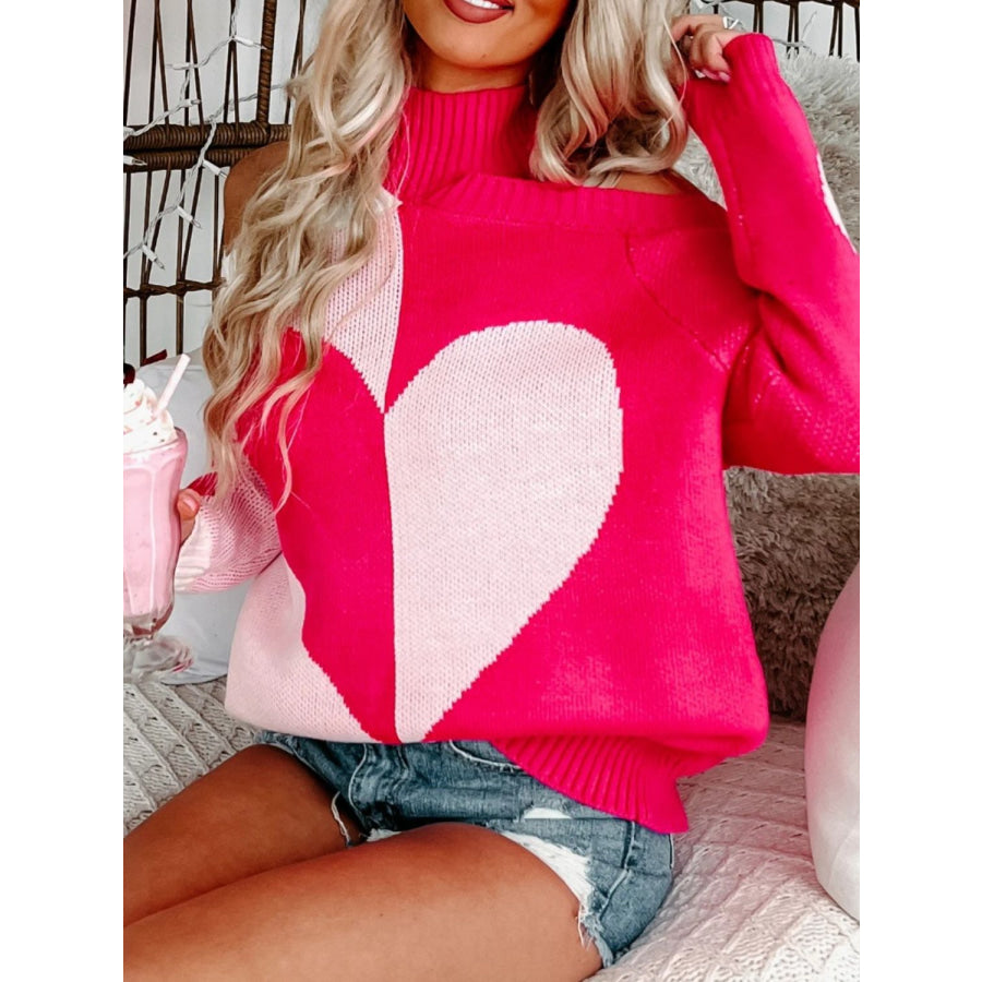 Valentine’s Day Heart Turtleneck Cold Shoulder Sweater Apparel and Accessories