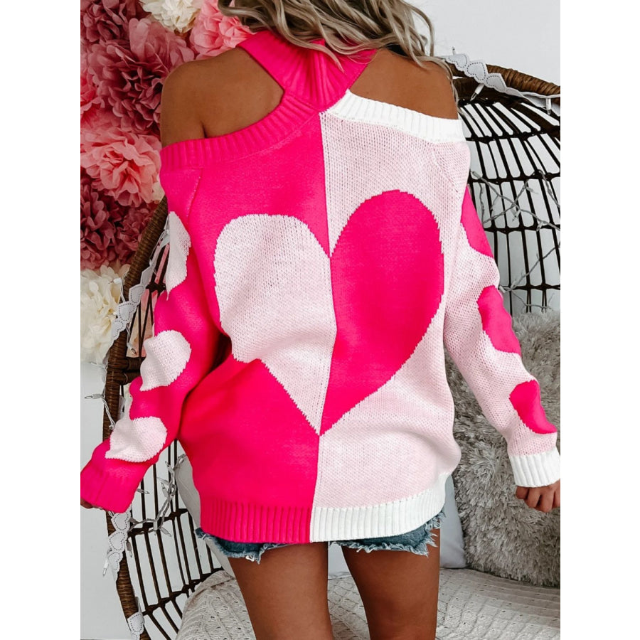 Valentine’s Day Heart Turtleneck Cold Shoulder Sweater Apparel and Accessories