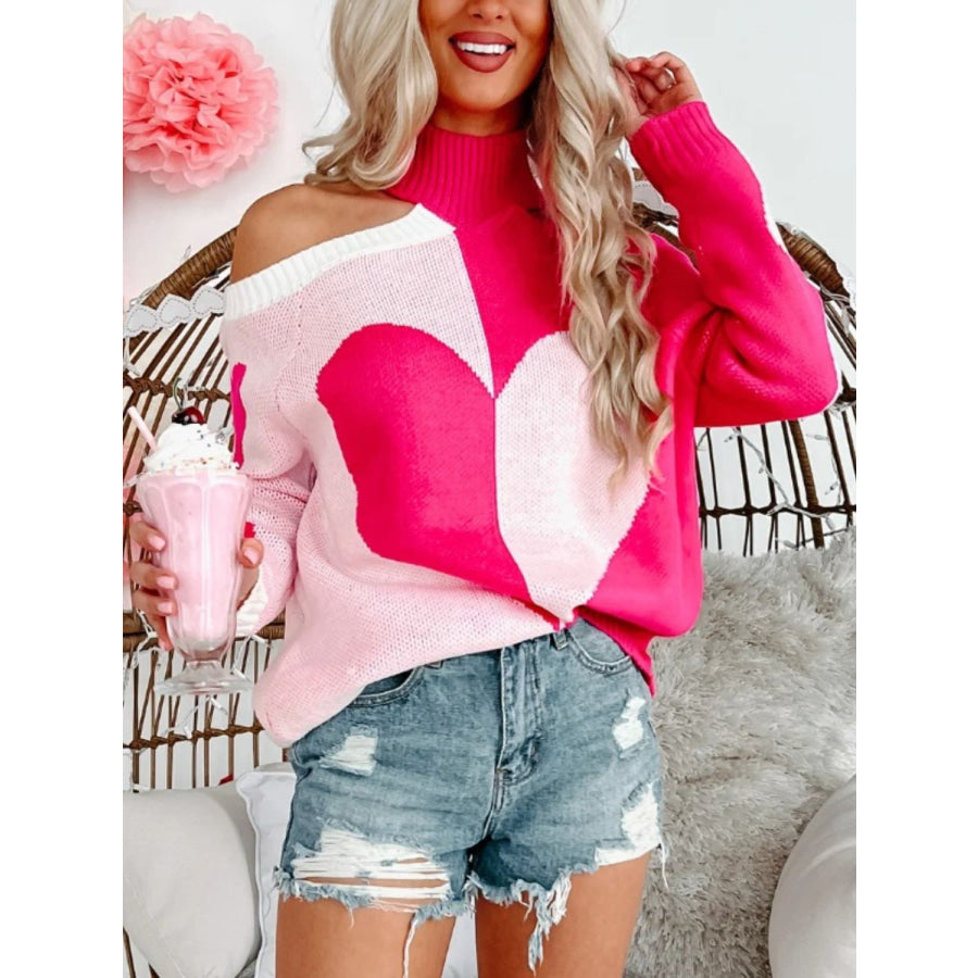 Valentine’s Day Heart Turtleneck Cold Shoulder Sweater Apparel and Accessories