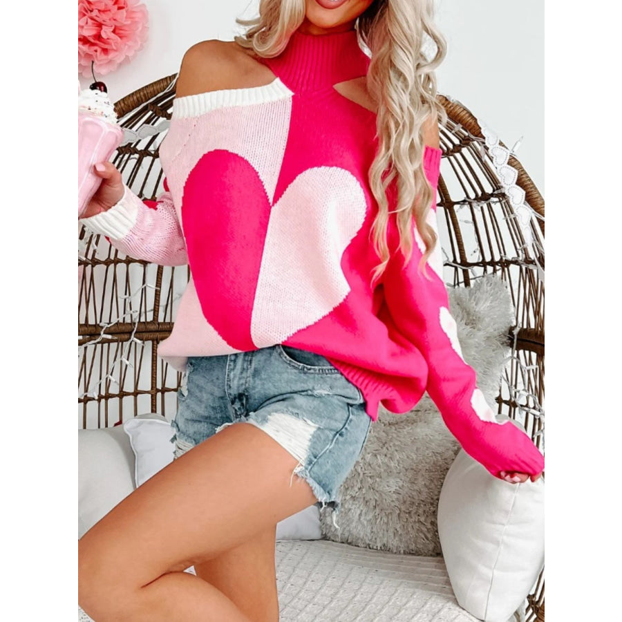 Valentine’s Day Heart Turtleneck Cold Shoulder Sweater Apparel and Accessories