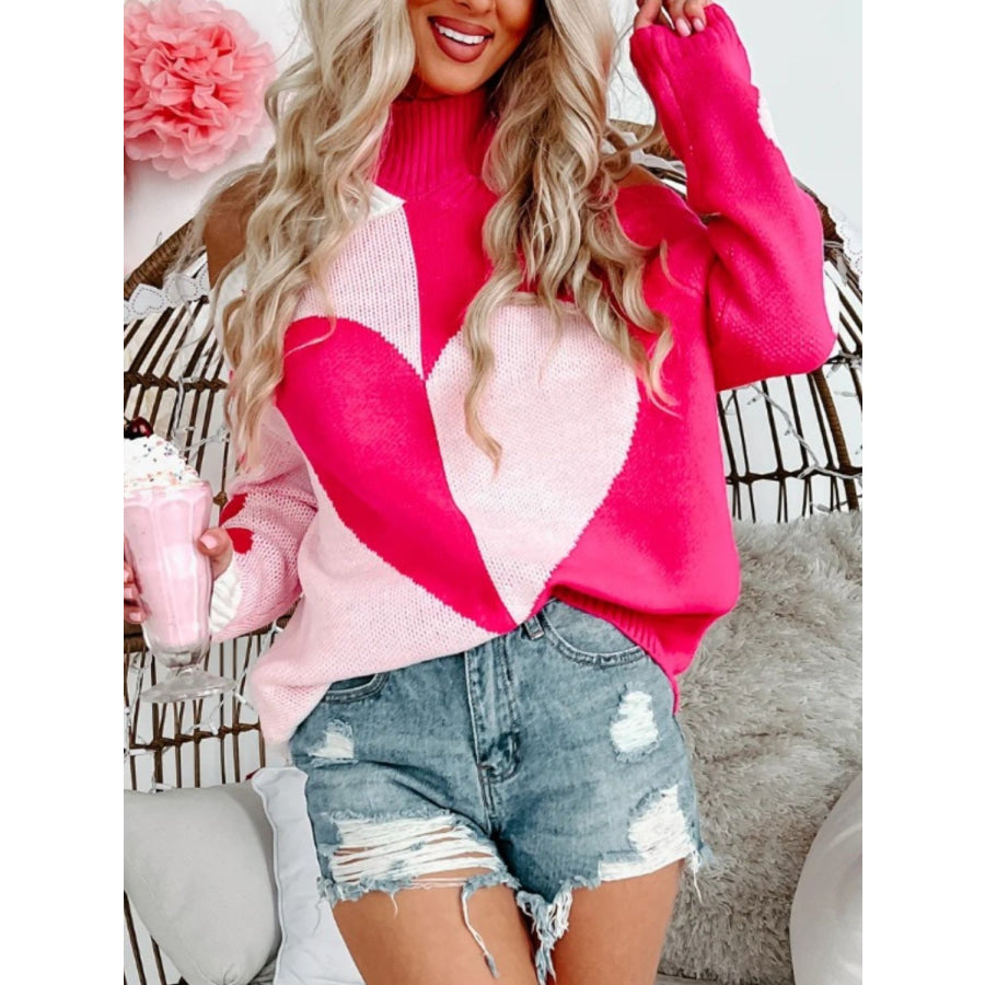 Valentine’s Day Heart Turtleneck Cold Shoulder Sweater Apparel and Accessories