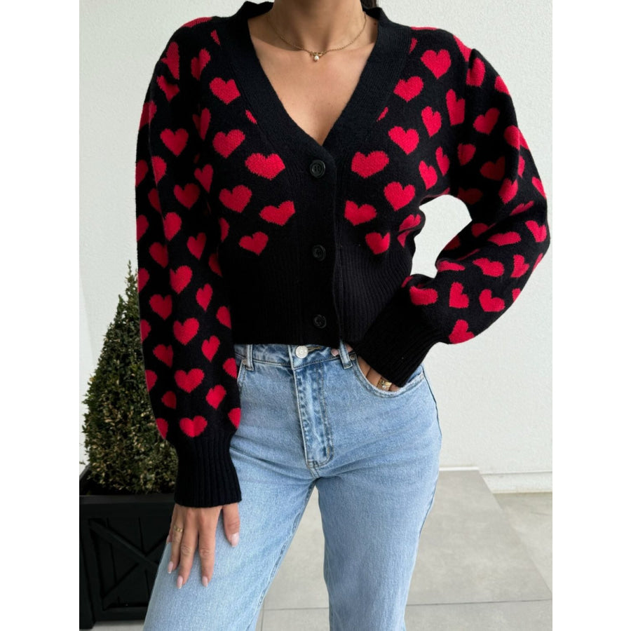 Valentine’s Day Heart V-Neck Cropped Cardigan Black / S Apparel and Accessories