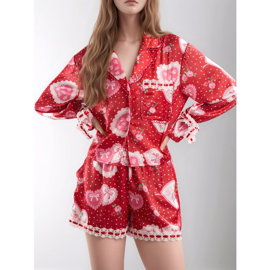 Valentine’s Day Lace Detail Heart Print Collared Neck Top and Shorts Lounge Set Apparel and Accessories