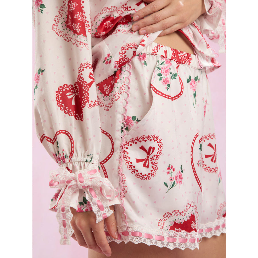 Valentine’s Day Lace Detail Heart Print Collared Neck Top and Shorts Lounge Set Apparel and Accessories