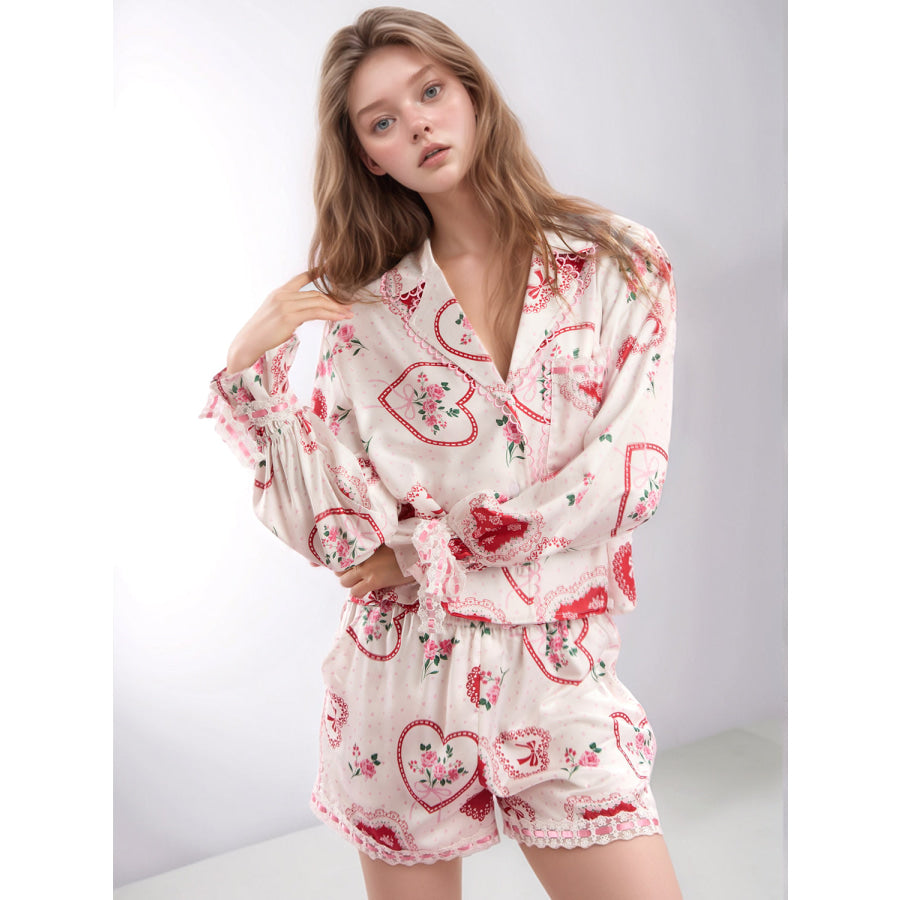 Valentine’s Day Lace Detail Heart Print Collared Neck Top and Shorts Lounge Set Apparel and Accessories