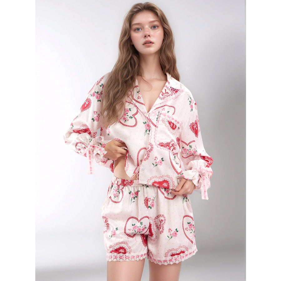 Valentine’s Day Lace Detail Heart Print Collared Neck Top and Shorts Lounge Set Apparel and Accessories