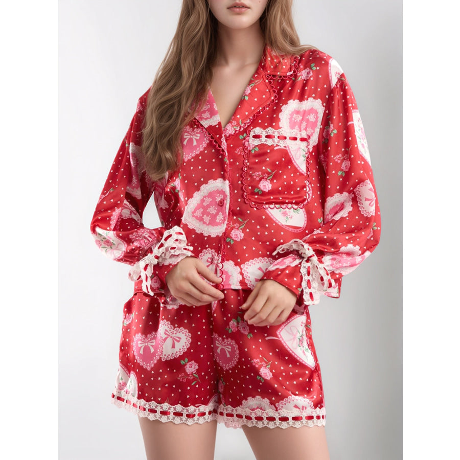 Valentine’s Day Lace Detail Heart Print Collared Neck Top and Shorts Lounge Set Apparel and Accessories