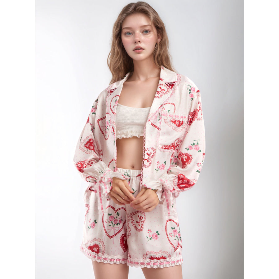 Valentine’s Day Lace Detail Heart Print Collared Neck Top and Shorts Lounge Set Apparel and Accessories