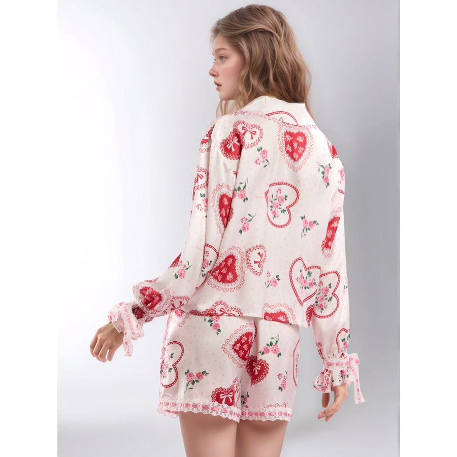 Valentine’s Day Lace Detail Heart Print Collared Neck Top and Shorts Lounge Set Apparel and Accessories