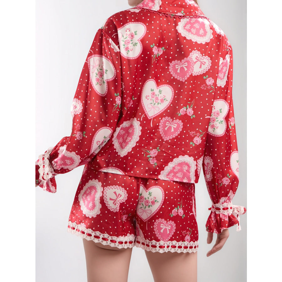 Valentine’s Day Lace Detail Heart Print Collared Neck Top and Shorts Lounge Set Apparel and Accessories