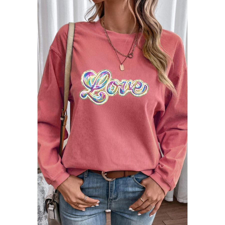 Valentine’s Day LOVE Round Neck Long Sleeve Sweatshirt Burnt Coral / S Apparel and Accessories