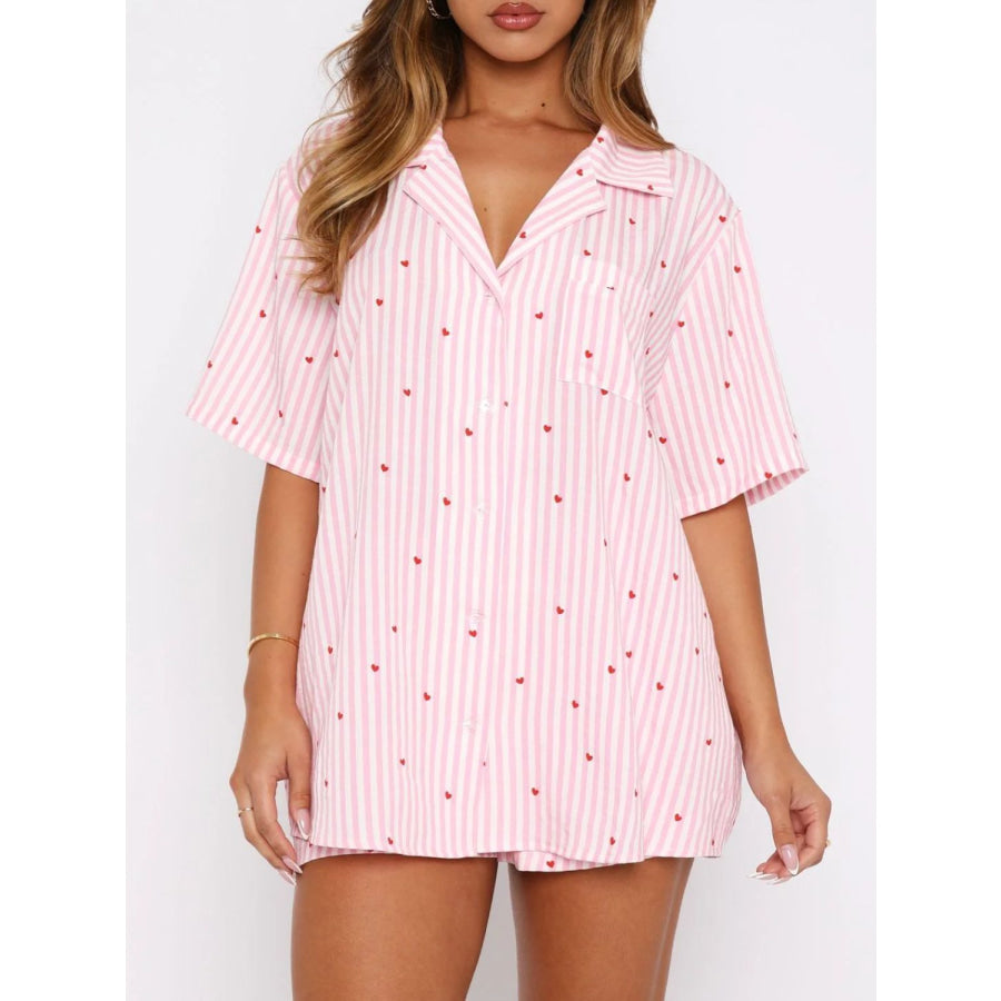 Valentine’s Day Printed Collared Neck Short Sleeve Top and Shorts Set Apparel and Accessories