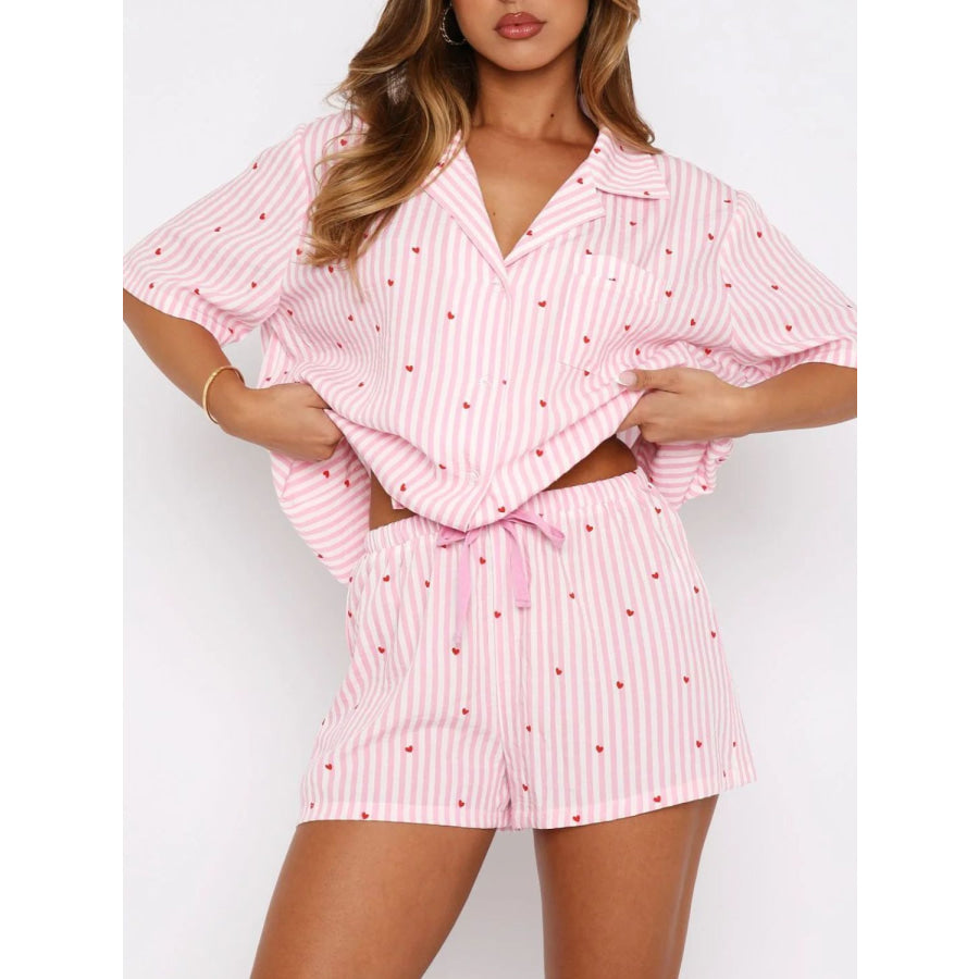 Valentine’s Day Printed Collared Neck Short Sleeve Top and Shorts Set Apparel and Accessories