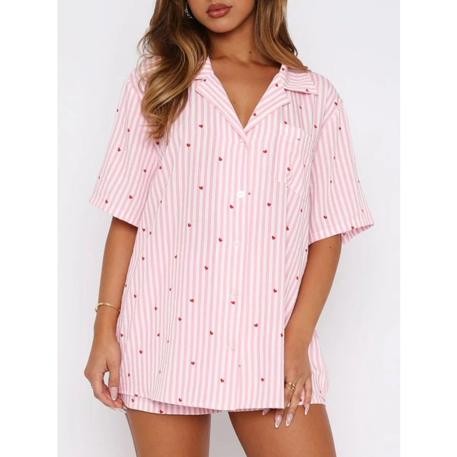 Valentine’s Day Printed Collared Neck Short Sleeve Top and Shorts Set Blush Pink / S Apparel and Accessories