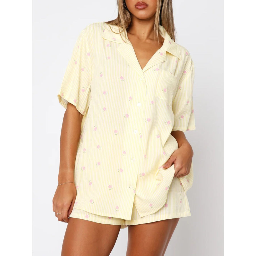 Valentine’s Day Printed Collared Neck Short Sleeve Top and Shorts Set Pastel Yellow / S Apparel and Accessories