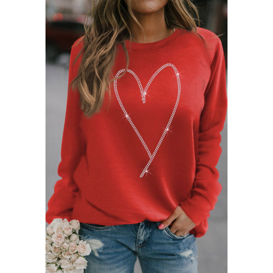 Valentine’s Day Rhinestone Heart Long Sleeve Sweatshirt Deep Red / S Apparel and Accessories