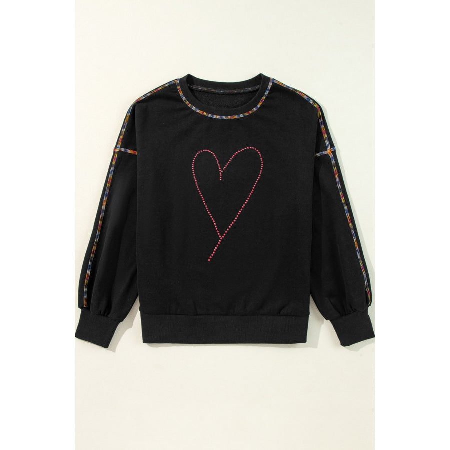 Valentine’s Day Rhinestone Heart Round Neck Long Sleeve Sweatshirt Apparel and Accessories