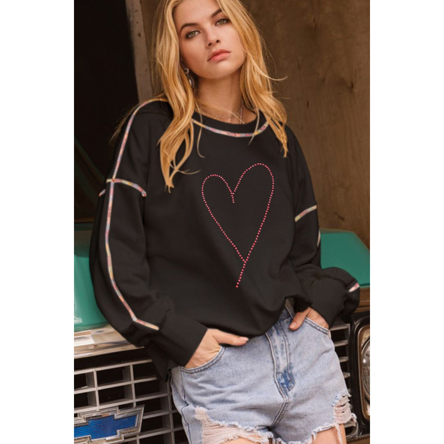 Valentine’s Day Rhinestone Heart Round Neck Long Sleeve Sweatshirt Apparel and Accessories