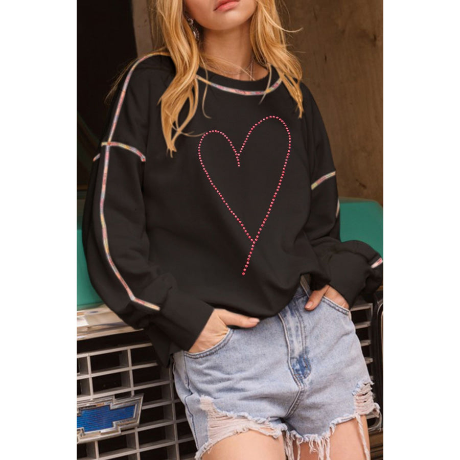 Valentine’s Day Rhinestone Heart Round Neck Long Sleeve Sweatshirt Black / S Apparel and Accessories