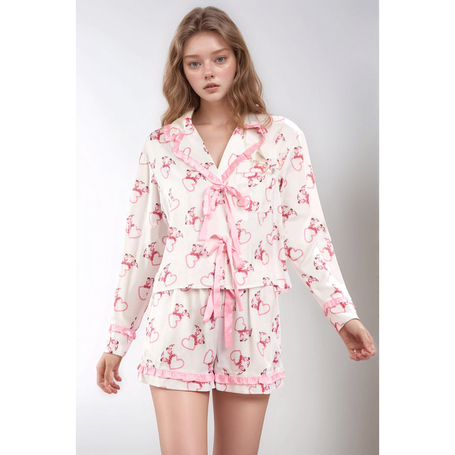 Valentine’s Day Ribbon Tied Printed Long Sleeve Top and Shorts Lounge Set Apparel and Accessories