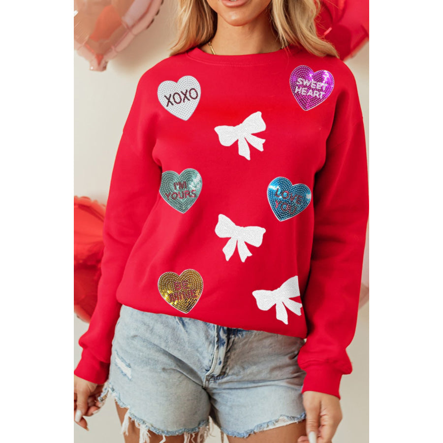 Valentine’s Day Sequin Bow Heart Round Neck Sweatshirt Apparel and Accessories