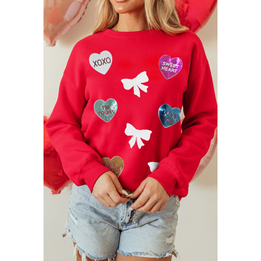 Valentine’s Day Sequin Bow Heart Round Neck Sweatshirt Apparel and Accessories