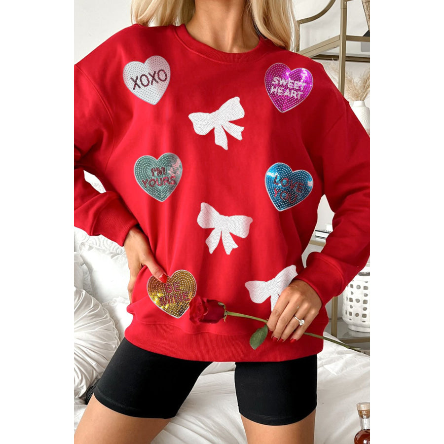 Valentine’s Day Sequin Bow Heart Round Neck Sweatshirt Red / S Apparel and Accessories