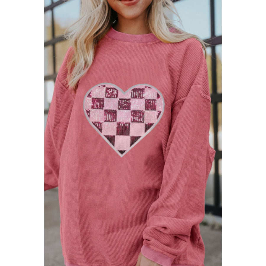 Valentine’s Day Sequin Checkered Heart Long Sleeve Sweatshirt Apparel and Accessories