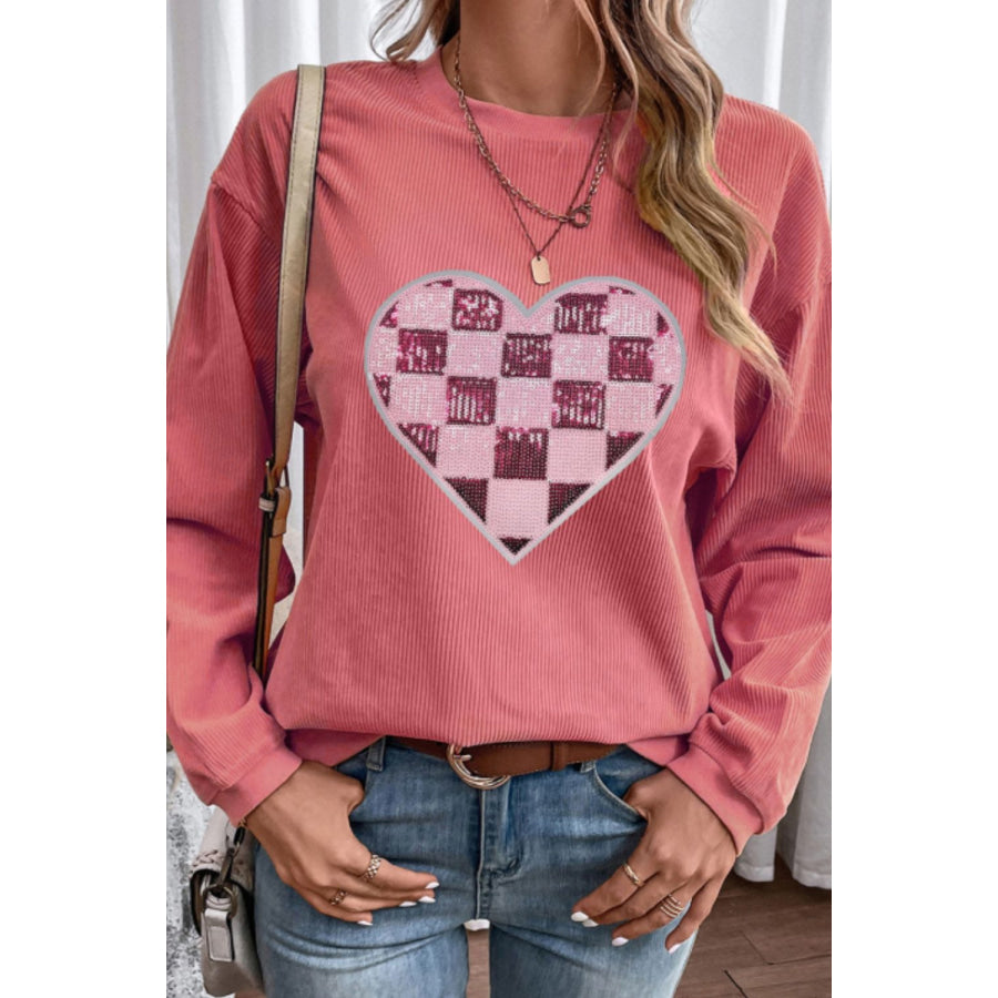 Valentine’s Day Sequin Checkered Heart Long Sleeve Sweatshirt Apparel and Accessories