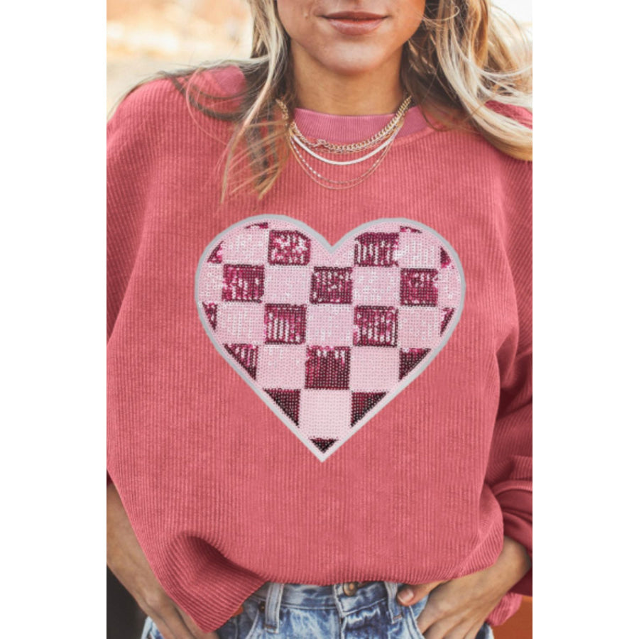 Valentine’s Day Sequin Checkered Heart Long Sleeve Sweatshirt Apparel and Accessories