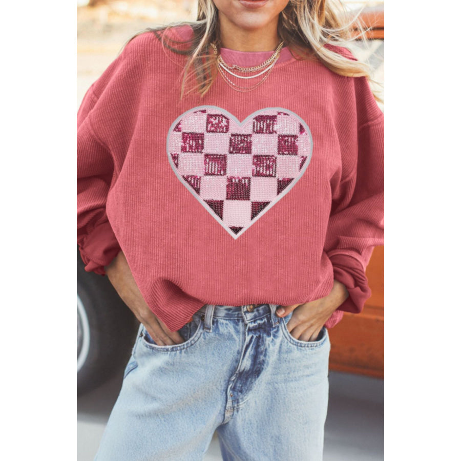 Valentine’s Day Sequin Checkered Heart Long Sleeve Sweatshirt Strawberry / S Apparel and Accessories