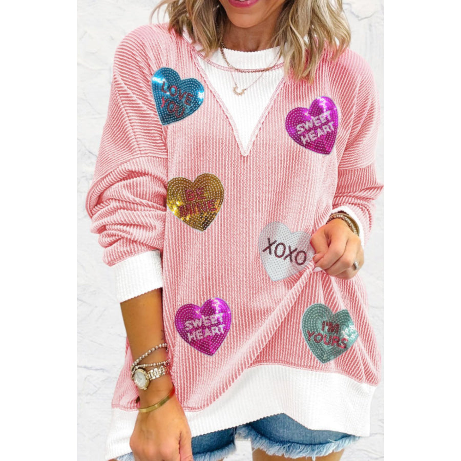 Valentine’s Day Sequin Heart Long Sleeve Sweatshirt Blush Pink / S Apparel and Accessories