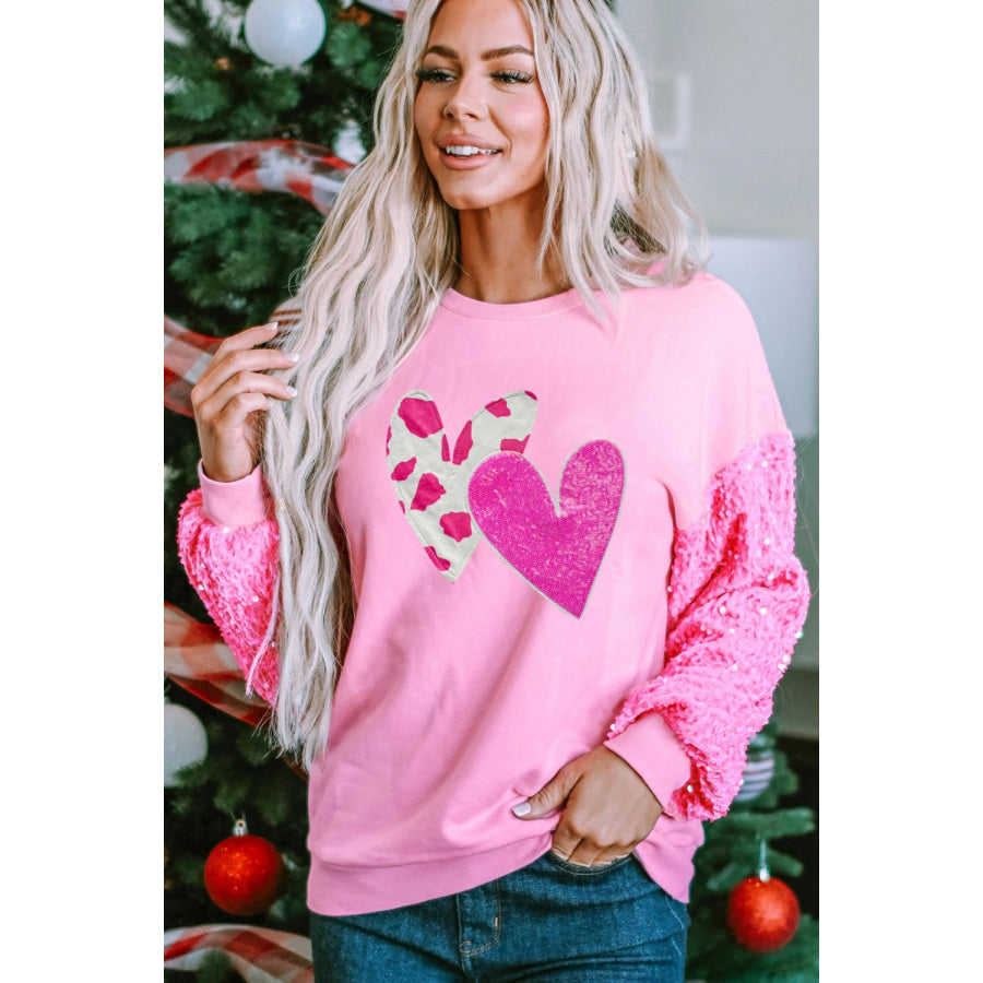 Valentine’s Day Sequin Heart Long Sleeve Sweatshirt Fuchsia Pink / S Apparel and Accessories