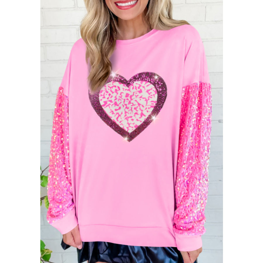 Valentine’s Day Sequin Heart Long Sleeve Sweatshirt Pink / S Apparel and Accessories