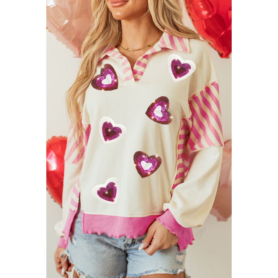 Valentine’s Day Sequin Heart Pattern Long Sleeve Sweatshirt Pink / S Apparel and Accessories