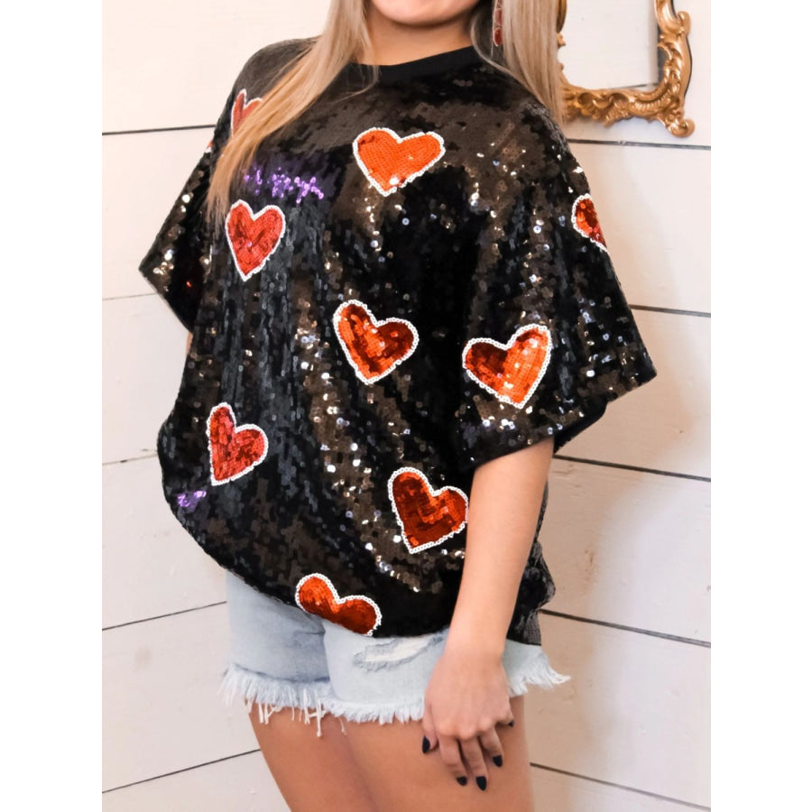 Valentine’s Day Sequin Heart Round Neck Half Sleeve Top Apparel and Accessories