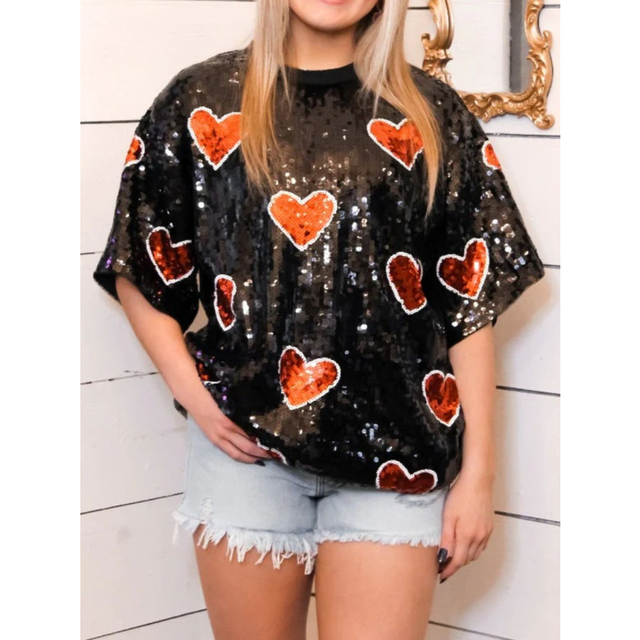 Valentine’s Day Sequin Heart Round Neck Half Sleeve Top Black / S Apparel and Accessories