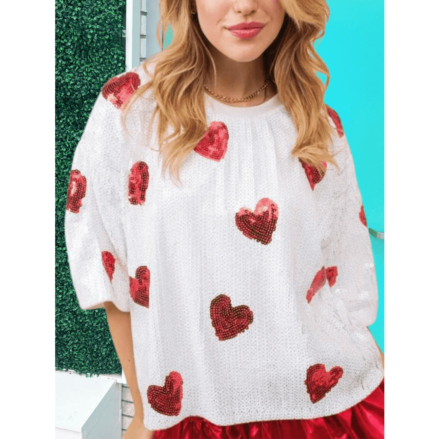 Valentine’s Day Sequin Heart Round Neck Half Sleeve Top White / S Apparel and Accessories