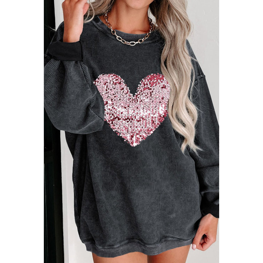 Valentine’s Day Sequin Heart Round Neck Long Sleeve Sweatshirt Apparel and Accessories