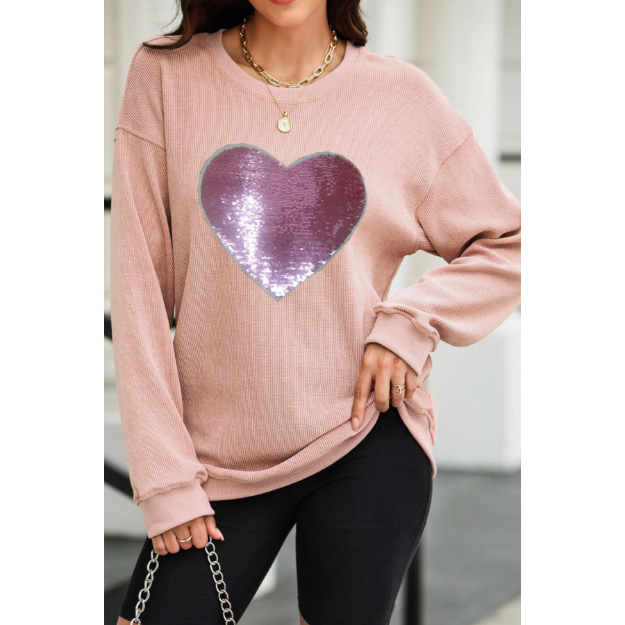 Valentine’s Day Sequin Heart Round Neck Long Sleeve Sweatshirt Apparel and Accessories