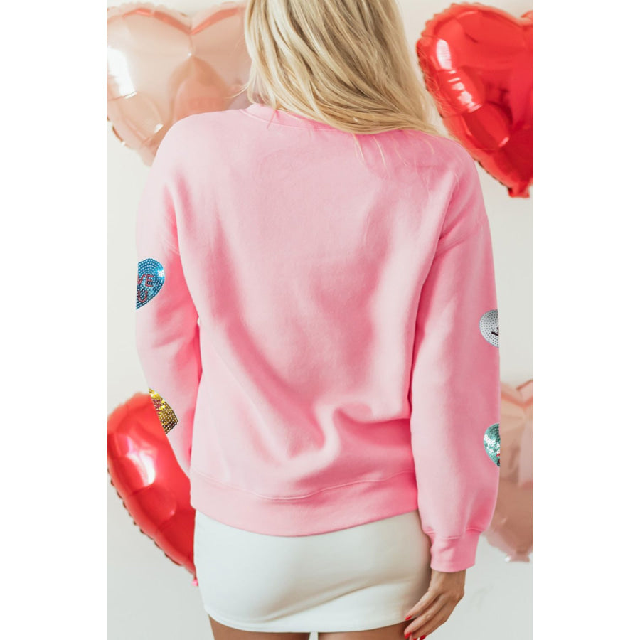 Valentine’s Day Sequin Heart Round Neck Long Sleeve Sweatshirt Apparel and Accessories