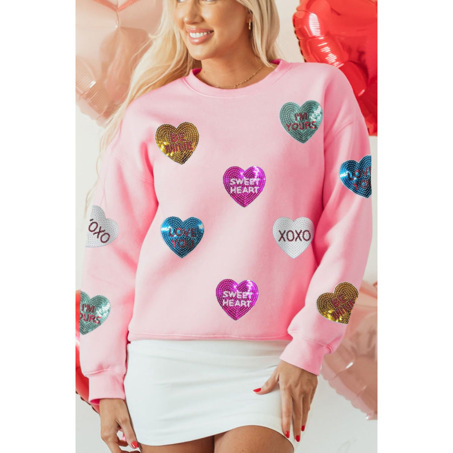 Valentine’s Day Sequin Heart Round Neck Long Sleeve Sweatshirt Apparel and Accessories