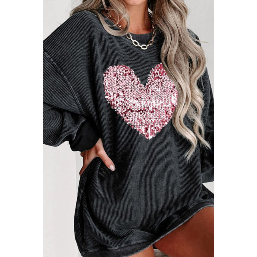 Valentine’s Day Sequin Heart Round Neck Long Sleeve Sweatshirt Apparel and Accessories