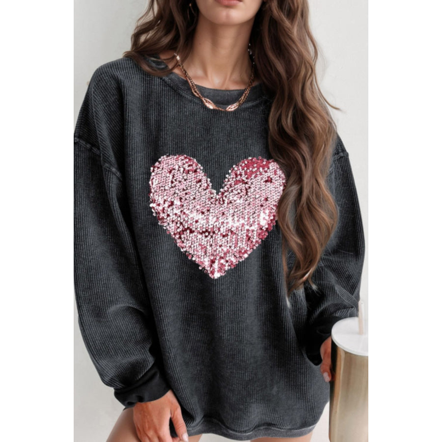 Valentine’s Day Sequin Heart Round Neck Long Sleeve Sweatshirt Black / S Apparel and Accessories