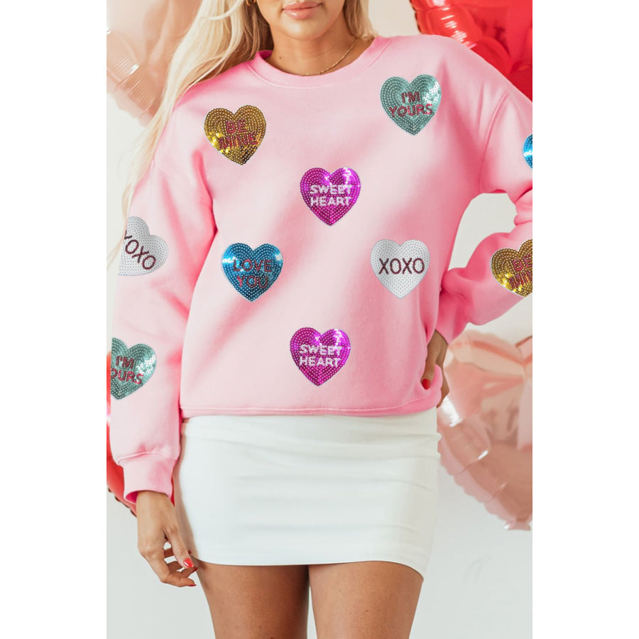 Valentine’s Day Sequin Heart Round Neck Long Sleeve Sweatshirt Blush Pink / S Apparel and Accessories