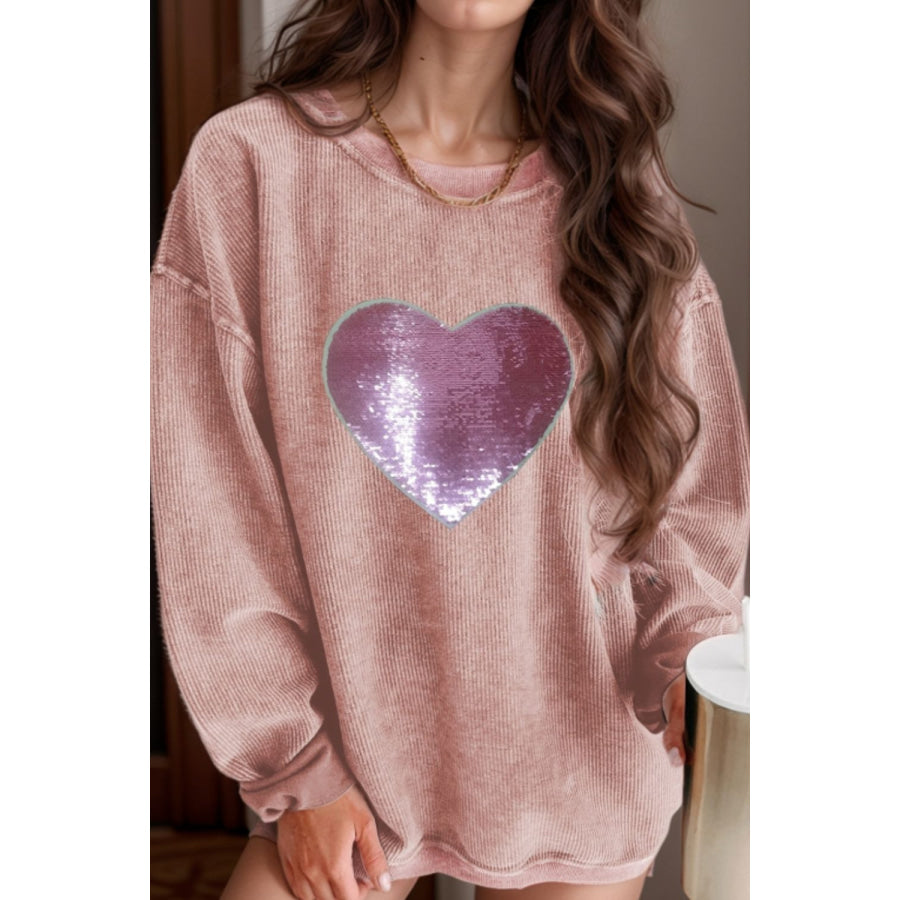 Valentine’s Day Sequin Heart Round Neck Long Sleeve Sweatshirt Dusty Pink / S Apparel and Accessories