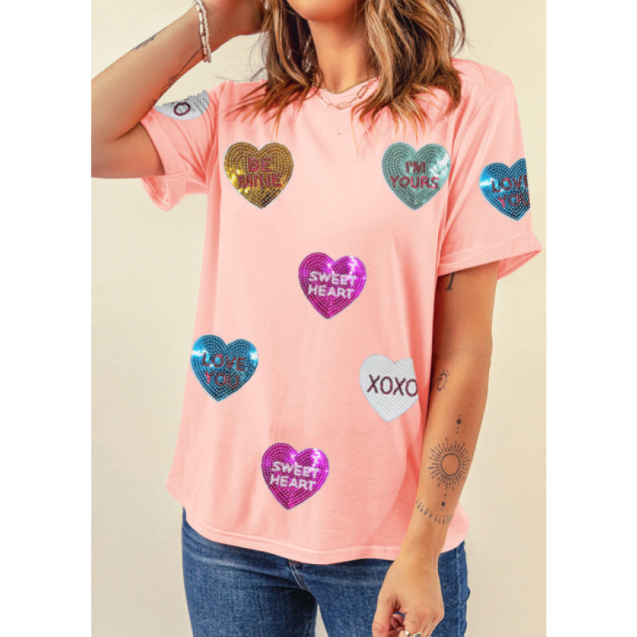 Valentine’s Day Sequin Heart Round Neck Short Sleeve T-Shirt Blush Pink / S Apparel and Accessories