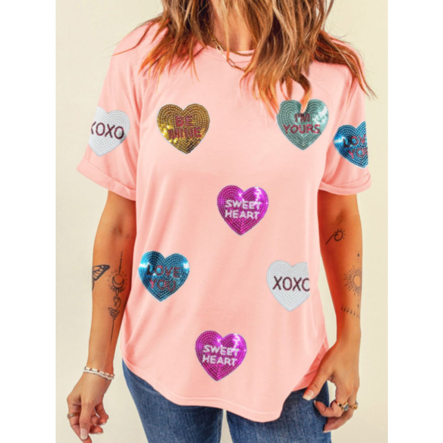 Valentine’s Day Sequin Heart Round Neck Short Sleeve T-Shirt Blush Pink / S Apparel and Accessories